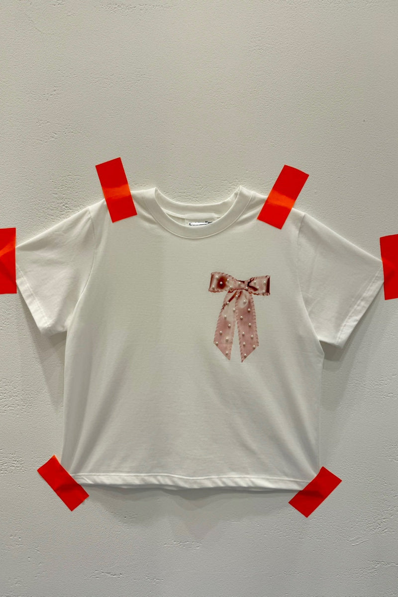 Bow + Pearl Beaded Short Sleeves T-shirt