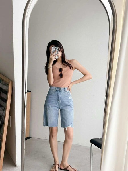 Distressed Span Jean Shorts