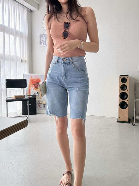 Distressed Span Jean Shorts