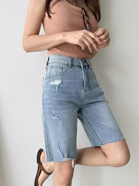 Distressed Span Jean Shorts