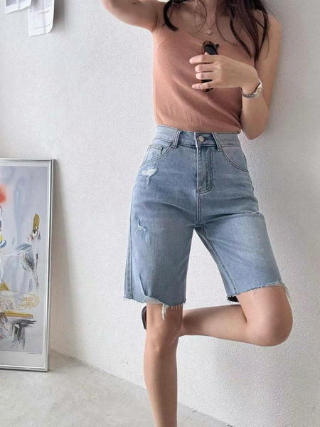 Distressed Span Jean Shorts