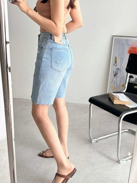 Distressed Span Jean Shorts