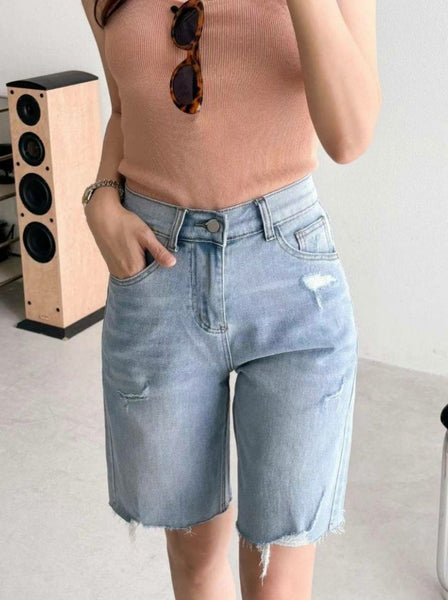 Distressed Span Jean Shorts