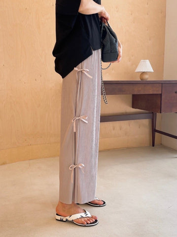 Bow Side Pleated Wide Pants