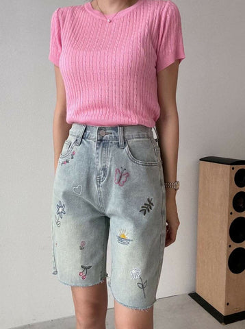 Embroidered Span Jean Shorts